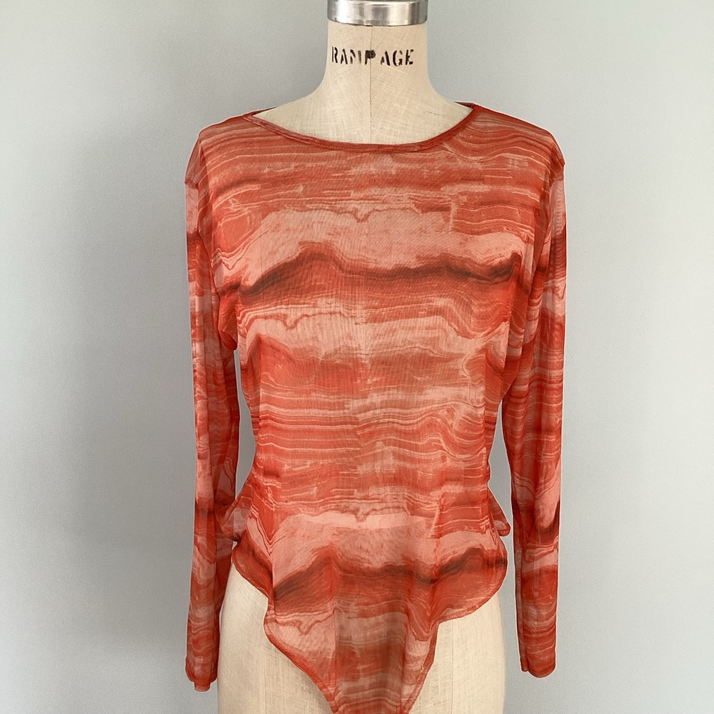 Missguided Orange Mesh Marble Print Bodysuit Size 14 NWT